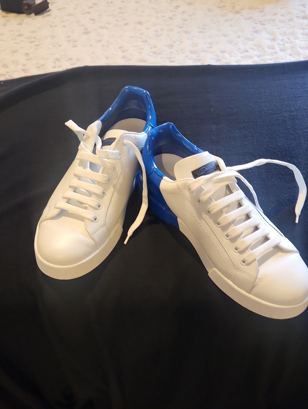Dolce & Gabbana White Leather Sneakers with Blue Heel